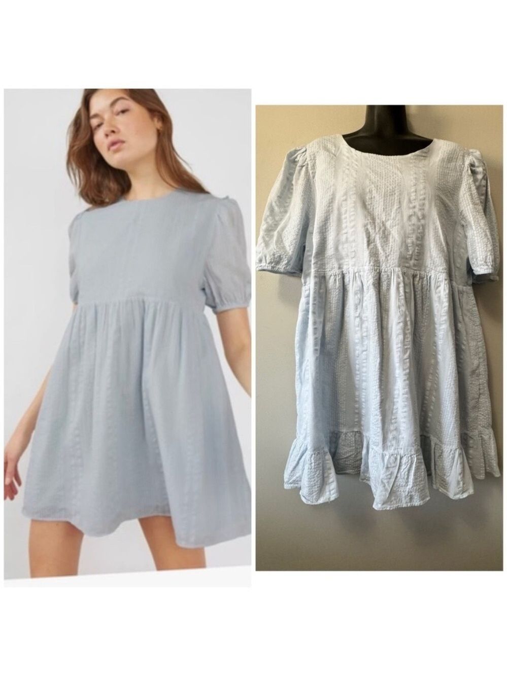 Aritzia Zane Dress Soft Blue Cottagecore Puff Sleeve Mini Dress size Large